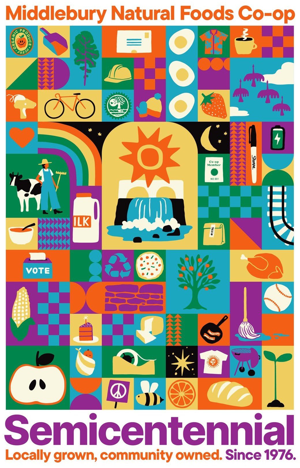 Semicentennial poster: a quilt of 50 illustrated symbols, each marking a moment in the co-op's history