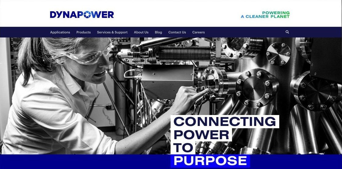 Dynapower homepage with the headline Connecting Power to Purpose