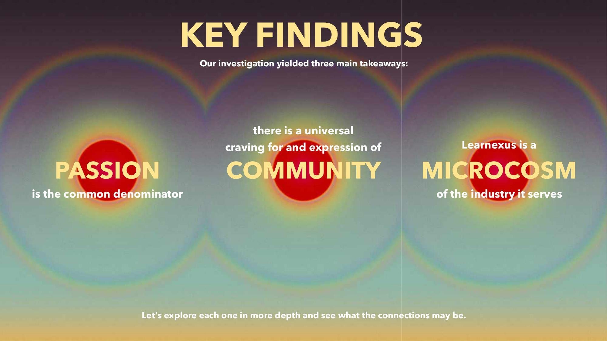 Key findings slide: passion, community and microcosm